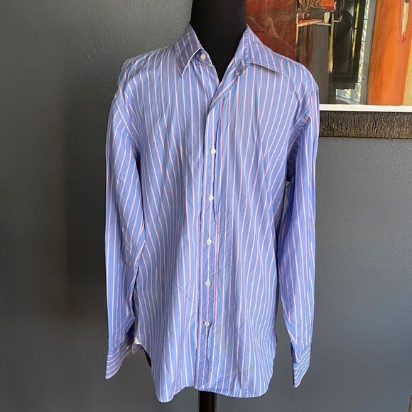 J. Crew Italian fabric blue/pink stripe button down shirt. Med (15-15 1/2) - Picture 1 of 7